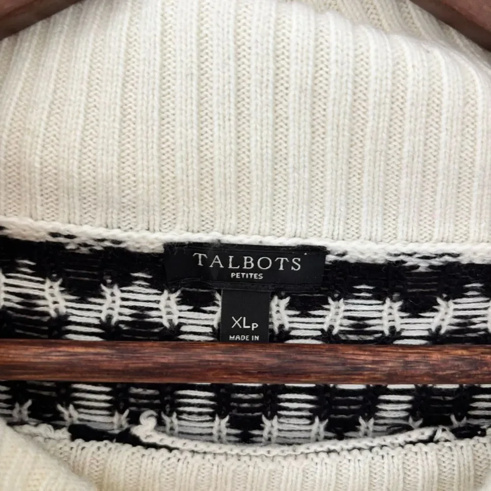 Talbots Petites Black White Geometric Knit Funnel Neck Button Sweater XLP